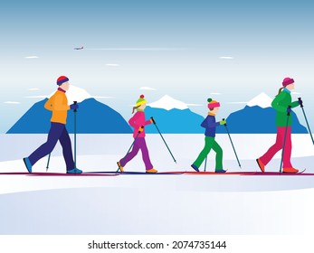 Family skiing. Active family. Family sports. Winter sport.