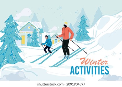Family skiing enjoy winter sport activity poster design. Father and son riding ski downhill far from house. Christmas vacation in country