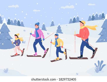 Family skiing flat color vector illustration. Traditional holiday activity. Gliding on snow hills. Happy family members 2D cartoon characters with forest covered with snow on background