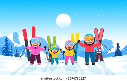 Family skiing holidays in winter landscape background vector illustration. winter sports activities