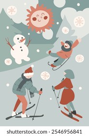 Family skiing, joint outdoors leisure. Mom dad and child on snowy slope. Man and woman skiing, happy child sledding, snowman standing by fir trees. Cute vector illustration, cartoon style.