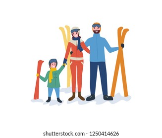 Family skiing, mother father parents and child vector. People leading active lifestyle, winter sport and hobby of kid holding moms hand, seasonal fun