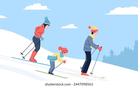 Family skiing on ski resort. Winter holidays with kids and parents. Young skiers, people slide down snowy mountain together. Seasonal resting recent vector scene