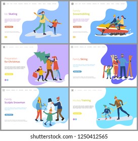 Family skiing, snowmobiling of father and mother with child vector. Preparation for Christmas winter holiday, skating and snowman sculpting posters