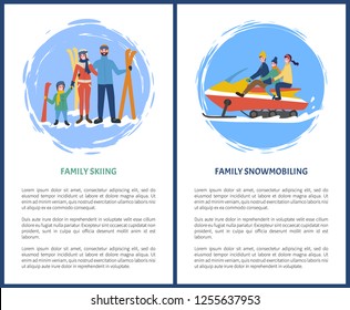 Family skiing, snowmobiling hobby in winter season vector. Poster with text sample, snowmobile with mother father and kid, children and parents set