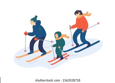 Family skiing together flat vector illustration. Happy parents and child enjoying winter sport cartoon characters. Active lifestyle fans, skiers moving downhill. Wintertime outdoor activities.