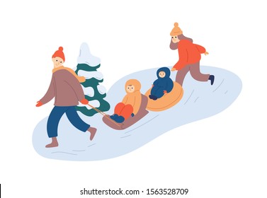 Family sledging fun flat vector illustration. Parents sledding with kids cartoon characters. Winter season outdoor activities. Mother, father and children enjoying active recreation together.
