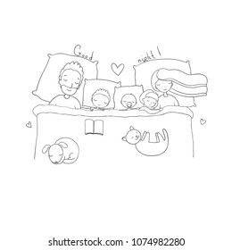 The family sleep in bed. Cartoon mom, dad and children. Sweet Dreams. Good night. Bed linen. Funny pets. Illustration for pajamas.