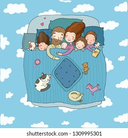 The family sleep in bed. Cartoon mom, dad and babies. Sweet Dreams. Good night. Bed linen. Funny pets. Illustration for pajamas. Happy children. 
