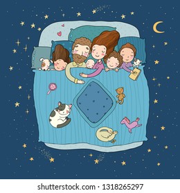 The family sleep in bed. Cartoon mom, dad and babies. Sweet Dreams. Good night. Bed linen. Funny pets. Illustration for pajamas. Happy children. 