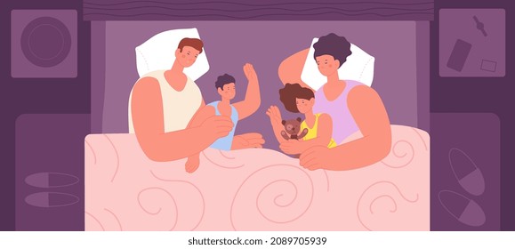 Family sleep. Parents sleeping with children in bed, night parenthood portrait. Relaxing together, caring kids. Mother father son and daughter utter vector characters