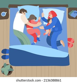 Family sleep together, mother and father with kids. Children sleep in parents bed top view. Co-sleeping with child. Sleeping dad, mom, toddler and older child. Vector illustration in flat style.