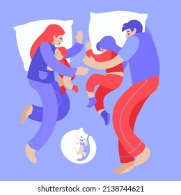 Family sleep together, mother and father with kids. Children sleep in parents bed top view. Co-sleeping with child. Sleeping dad, mom, toddler and older child. Vector illustration in flat style.