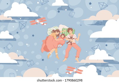 Family sleep together on the bed and dreaming vector flat illustration. Mother, father and daughter in night clothes resting hugging each other at night. Happy family spend time together.