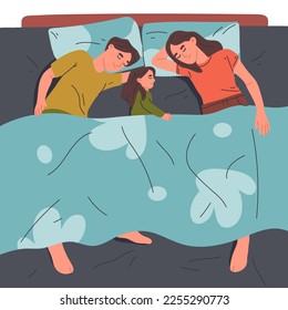 Family sleeping in bed under blanket. Couple with kid resting in bed, asleep characters isolated flat vector illustration on white background