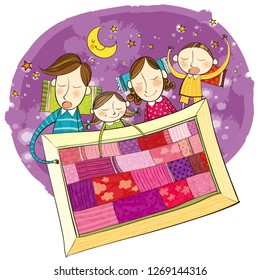 Family sleeping in one quilt at night