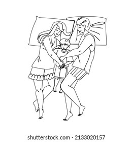 Family Sleeping Together In Home Bedroom Black Line Pencil Drawing Vector. Husband, Wife And Son Kid Wearing Pajama And Sleep In Apartment Bedroom. Happiness Characters Recreation Bedtime Illustration
