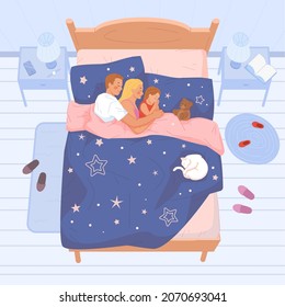 Family sleeping together. Sleep baby mother father in bed, asleep mom dad kid, couple hug man woman in bedroom, child lying pillow, night cat, vector illustration. Mother father with child sleeping