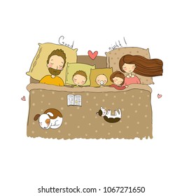 The family sleeps in bed. Cartoon mom, dad and children. Sweet Dreams. Good night. Bed linen. Funny pets. Illustration for pajamas.