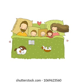 The family sleeps in bed. Cartoon mom, dad and children. Sweet Dreams. Good night. Bed linen. Funny pets. Illustration for pajamas.
