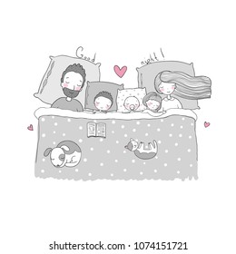 The family sleeps in bed. Cartoon mom, dad and children. Sweet Dreams. Good night. Bed linen. Funny pets. Illustration for pajamas.