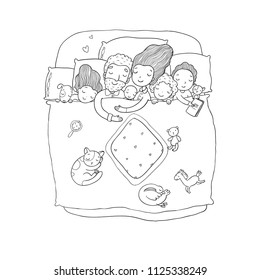 The family sleeps in bed. Cartoon mom, dad and babies. Sweet Dreams. Good night. Bed linen. Funny pets. Illustration for pajamas. Happy children.