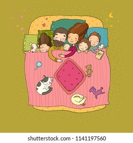 The family sleeps in bed. Cartoon mom, dad and babies. Sweet Dreams. Good night. Bed linen. Funny pets. Illustration for pajamas. Happy children.