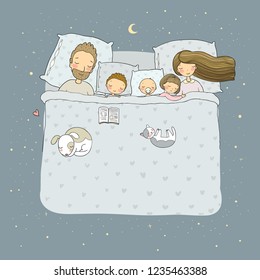 The family sleeps in bed. Cartoon mom, dad and children. Sweet Dreams. Good night. Bed linen. Funny pets. Illustration for pajamas.