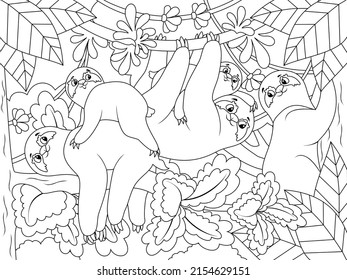 Family of sloths on tree branches and lianas. Cartoon coloring poster.