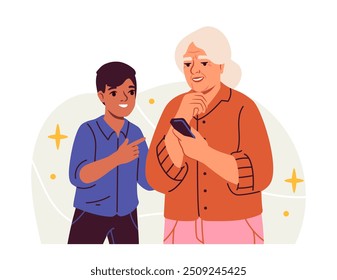 Familia con smartphone. Muchacho con la abuela con el teléfono móvil en las manos. Abuelo con nieto con gadget y dispositivo. Ilustración vectorial plana aislada sobre fondo blanco