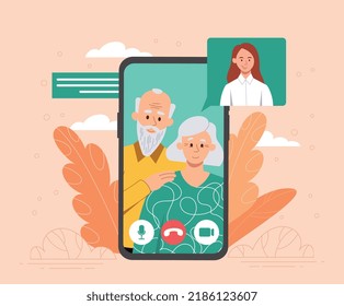 Family in smartphone. Girl communicates remotely with her grandfather and grandmother. Video call from daughter and parents. Modern technologies and digital world. Cartoon flat vector illustration