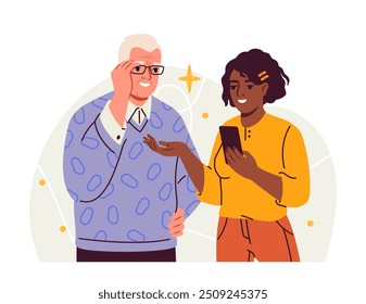 Family with smartphone. Girl with grandfather with mobile phone in hands. Elderly man with kid with gadget and device. Poster or banner. Flat vector illustration isolated on white background