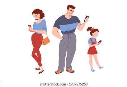 Family with smartphones. Young adults and girl talking, texting, searching internet. Gadget addiction concept banner. Vector character illustration isolated on white. 