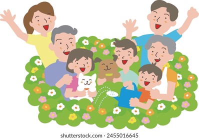 Family, smile, flower, three generations, pet, cat, dog, happiness, person, woman, animal, cute, child, parent and child, man, young, senior, plant, grandchild, bright, happiness, upper body, couple, 