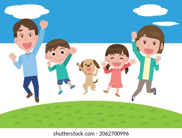 A family of smiles jumping outdoors