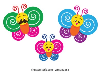Family Smiling Colorful Butterflies Cartoon Mascot Characters. Vector Illustration