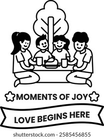 The family is smiling and enjoying their time together in the style of sign illustrations