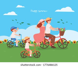 Family smiling on a bicycle. Hand drawn style vector illustration.