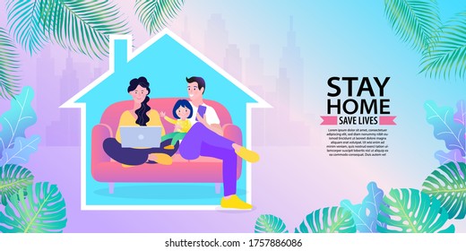 family smiling and staying together. Stay home, Stay safe concept. Save lives vector design sign concept. Stop Covid-19 Coronavirus. Trendy flat vector illustration.