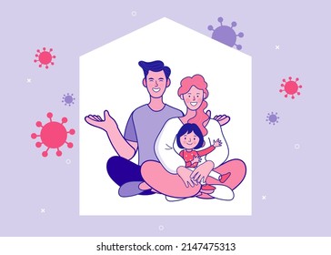 family smiling and staying together. Stay home, Stay safe concept. Save lives vector design sign concept. Stop Covid-19 Coronavirus. Trendy flat outline vector illustration.