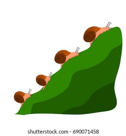 Family snails climb a mountain, cartoon on a white background.vector