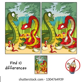 Family of snakes. Find 10 differences. Educational matching game for children. Cartoon vector illustration