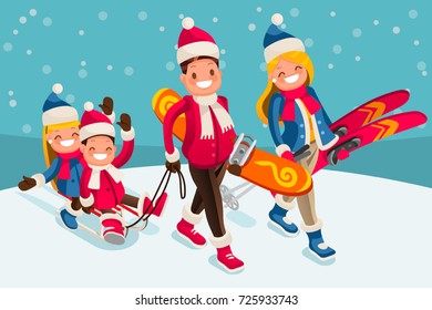 Family in the snow skiing people isometric cartoon character vector