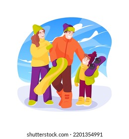 Family snowboarding isolated cartoon vector illustration. Happy family members snowboarding together, people active lifestyle, physical activity, leisure time with relatives vector cartoon.