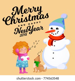 Family of snowman in black hat and gloves, red scarf tied around neck, nose from the carrot, little girl singing holiday songs and dog helping her, marry christmas happy new year vector illustration