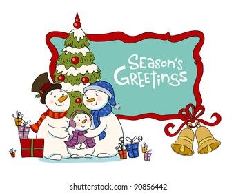 Family of the snowman near to a Christmas fur-tree