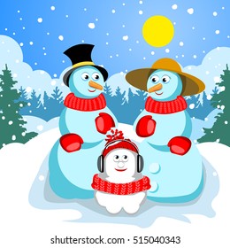 Family snowmen. Dad in a black hat with a yellow ribbon. Mom wearing a straw hat. They have red mittens and scarves. Son in a hat and headphones. In the background is a winter forest and snow.