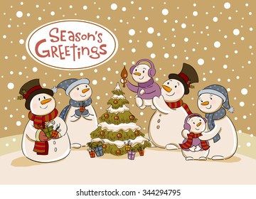 The family of snowmen dresses up a fir-tree , Vector illustration for banners, backgrounds and decorations.