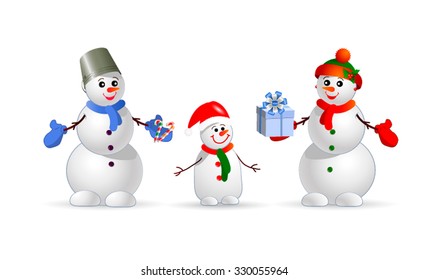 Family snowmen. Parents congratulate your child and give a gift and sweets. Colored vector illustration