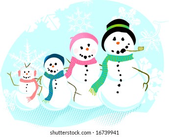 A family of snowmen pose for a portrait.